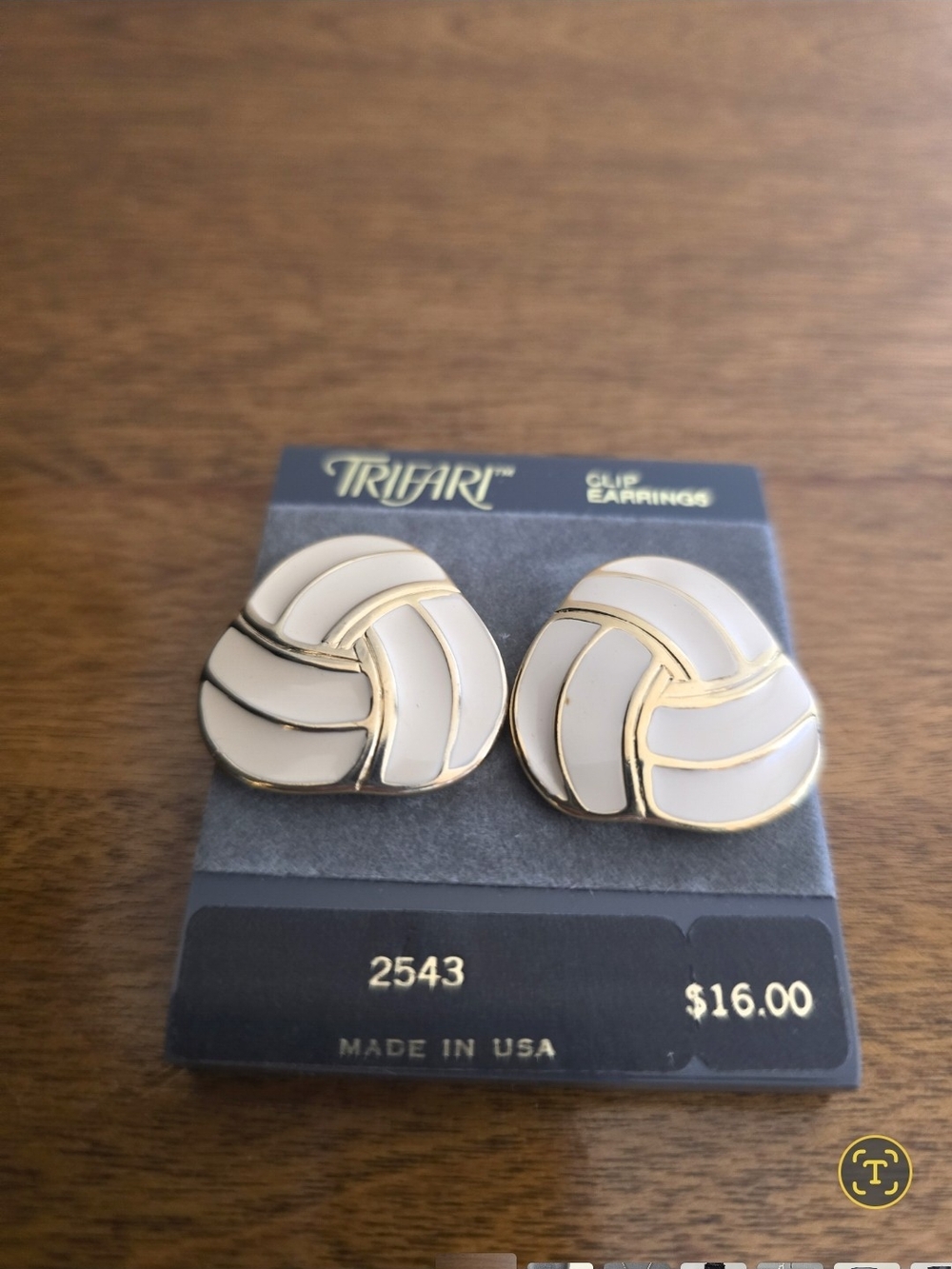 Trifari Cream Enamel Clip-On Earrings - Gold Trim New Old Stock Vintage 80's